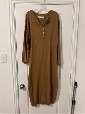 2 Ribbed Henley Midi Dresses in Camel Brown and Black